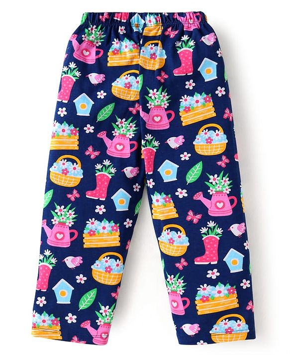 Babyhug Cotton Knit Front Open Full Sleeves Night Suit with Floral Print - Navy Blue