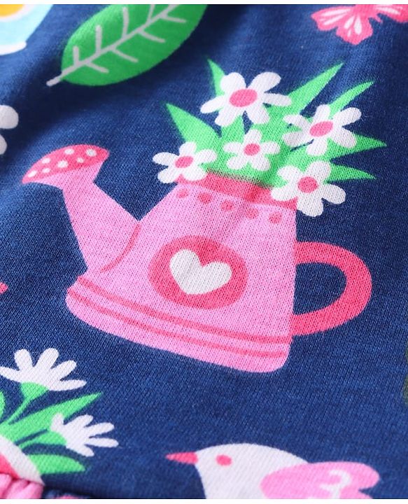 Babyhug Cotton Knit Front Open Full Sleeves Night Suit with Floral Print - Navy Blue