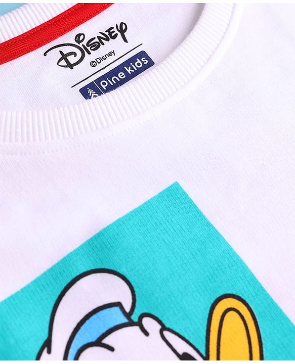 Pine Kids Disney Terry Knit Half Sleeves Drop Shoulder T-Shirt With Mickey And Friends Front & Back Graphic - White