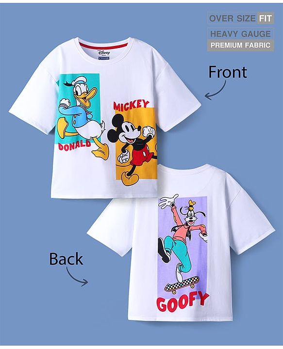 Pine Kids Disney Terry Knit Half Sleeves Drop Shoulder T-Shirt With Mickey And Friends Front & Back Graphic - White