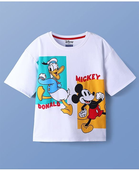 Pine Kids Disney Terry Knit Half Sleeves Drop Shoulder T-Shirt With Mickey And Friends Front & Back Graphic - White