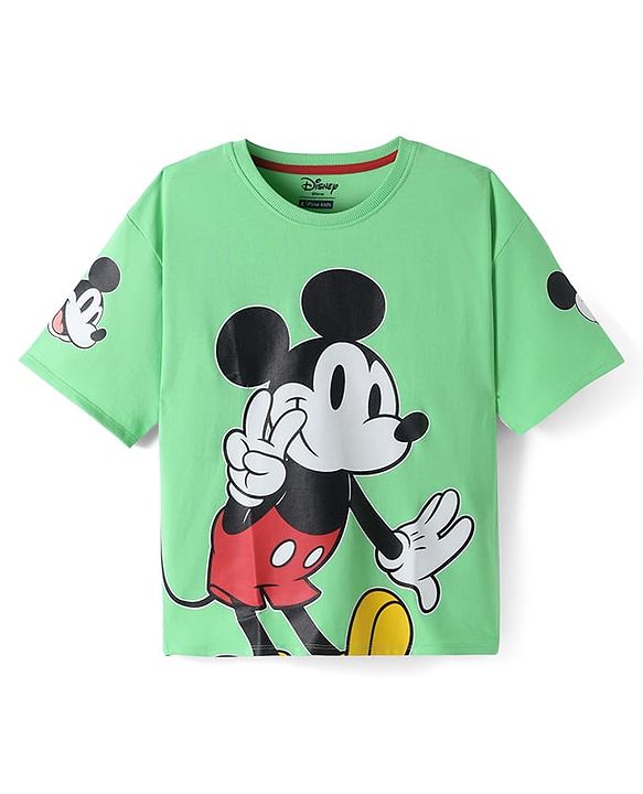 Pine Kids Disney Terry Knit Half Sleeves Drop Shoulder T-Shirt With Mickey Mouse Front & Back Graphic - Light Green