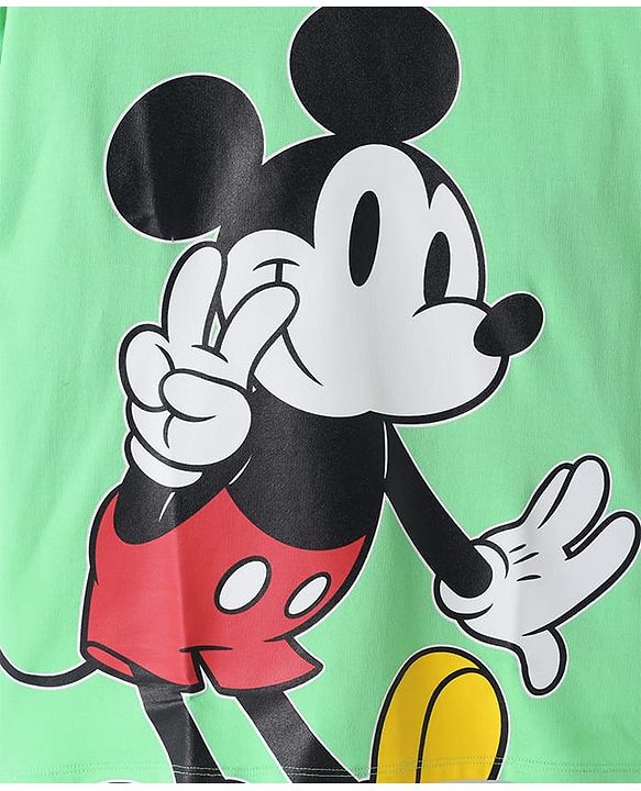 Pine Kids Disney Terry Knit Half Sleeves Drop Shoulder T-Shirt With Mickey Mouse Front & Back Graphic - Light Green