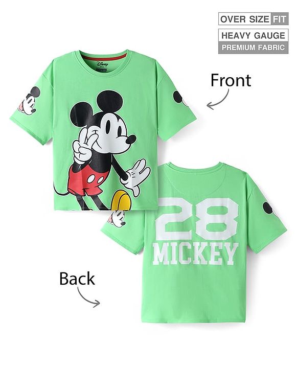 Pine Kids Disney Terry Knit Half Sleeves Drop Shoulder T-Shirt With Mickey Mouse Front & Back Graphic - Light Green