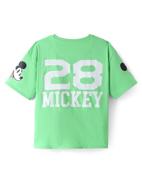 Pine Kids Disney Terry Knit Half Sleeves Drop Shoulder T-Shirt With Mickey Mouse Front & Back Graphic - Light Green