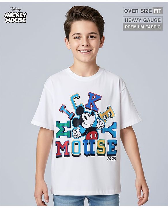 Pine Kids Disney Half Sleeves Drop Shoulder Mickey Mouse Graphic Oversized T-Shirt - White