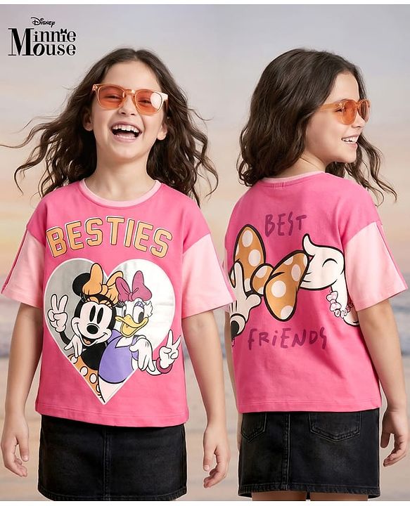 Pine Kids Disney Terry Knit Half Sleeves Oversized And Drop Shoulder T-Shirt With Front And Back Minnie Mouse Graphics And Foil Detailing - Pink
