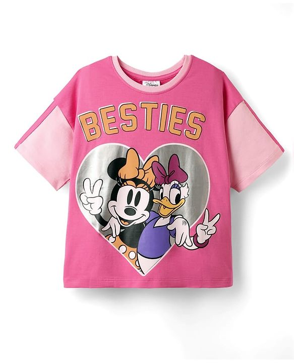 Pine Kids Disney Terry Knit Half Sleeves Oversized And Drop Shoulder T-Shirt With Front And Back Minnie Mouse Graphics And Foil Detailing - Pink