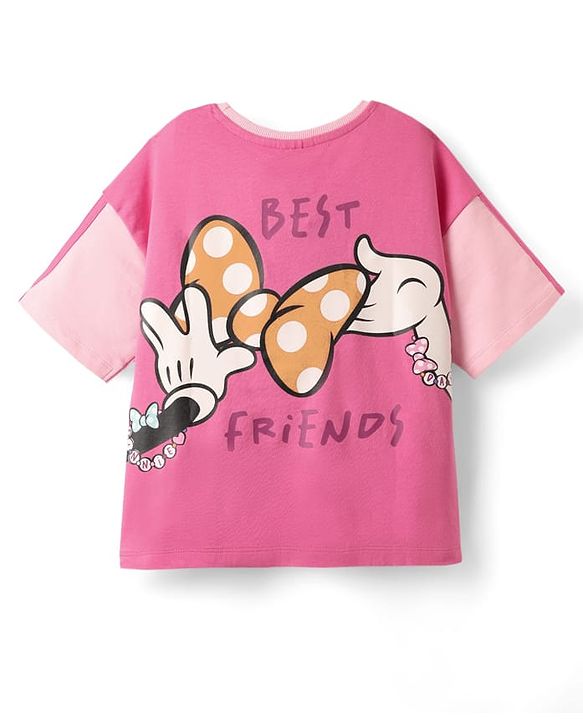 Pine Kids Disney Terry Knit Half Sleeves Oversized And Drop Shoulder T-Shirt With Front And Back Minnie Mouse Graphics And Foil Detailing - Pink