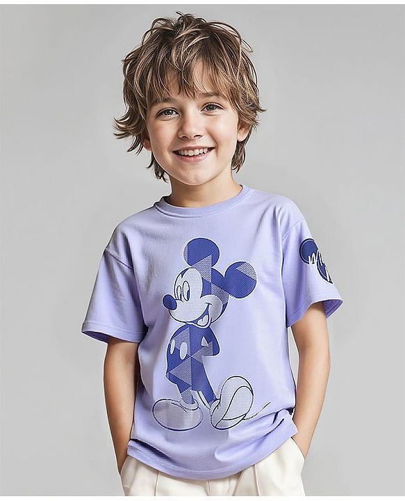 Pine Kids Disney Terry Knit Half Sleeves Drop Shoulder T-Shirt With Mickey Mouse Graphic - Lavender