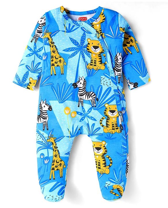 Babyhug Cotton Knit Full Sleeves Footed Sleepsuit with Animal Print - Blue