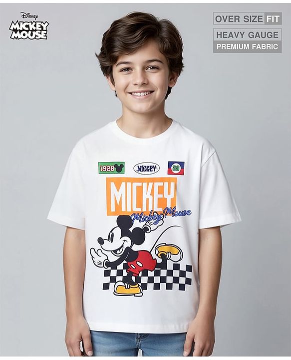 Pine Kids Disney Half Sleeves Drop Shoulder Mickey Mouse Graphic Oversized T-Shirt - White