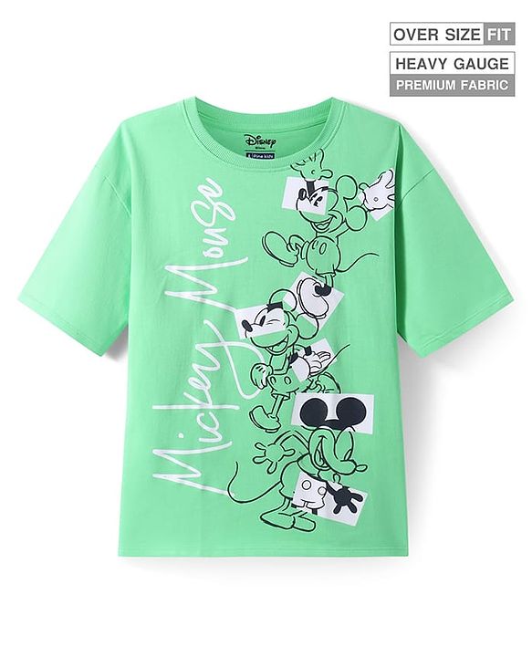 Pine Kids Disney Half Sleeves Drop Shoulder Mickey Mouse Graphic Oversized T-Shirt - Light Green