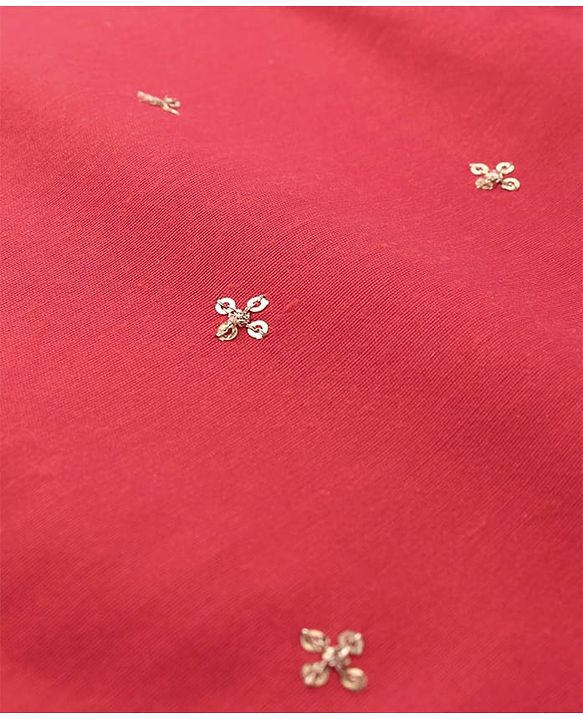 Pine Kids Woven Three Fourth Sleeves Kurta Churidar Set with Dupatta & Floral Embellisment and Lace Detailing - Red