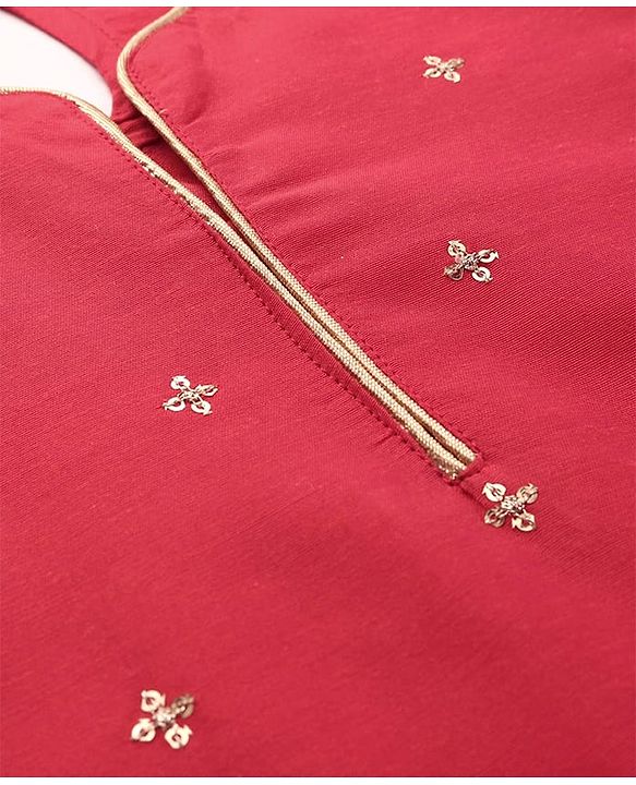 Pine Kids Woven Three Fourth Sleeves Kurta Churidar Set with Dupatta & Floral Embellisment and Lace Detailing - Red