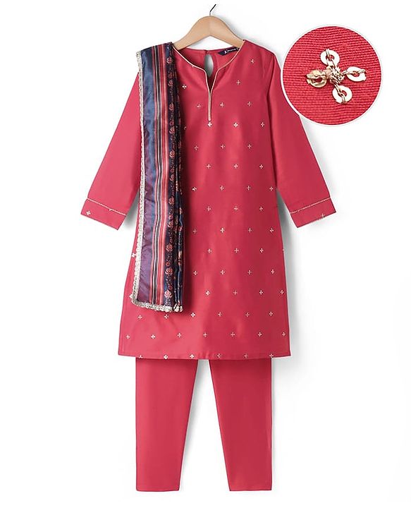 Pine Kids Woven Three Fourth Sleeves Kurta Churidar Set with Dupatta & Floral Embellisment and Lace Detailing - Red