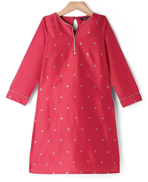 Pine Kids Woven Three Fourth Sleeves Kurta Churidar Set with Dupatta & Floral Embellisment and Lace Detailing - Red