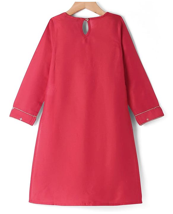 Pine Kids Woven Three Fourth Sleeves Kurta Churidar Set with Dupatta & Floral Embellisment and Lace Detailing - Red