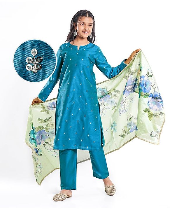 Pine Kids Woven Full Sleeves Kurti & Chudidar with Dupatta & Sequin Detailing - Teal Blue