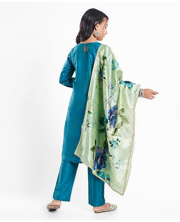 Pine Kids Woven Full Sleeves Kurti & Chudidar with Dupatta & Sequin Detailing - Teal Blue