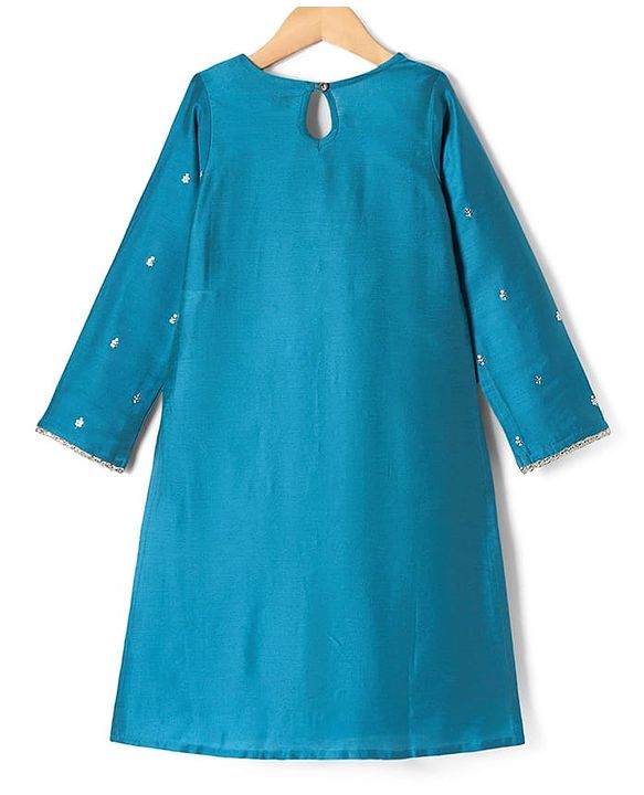 Pine Kids Woven Full Sleeves Kurti & Chudidar with Dupatta & Sequin Detailing - Teal Blue