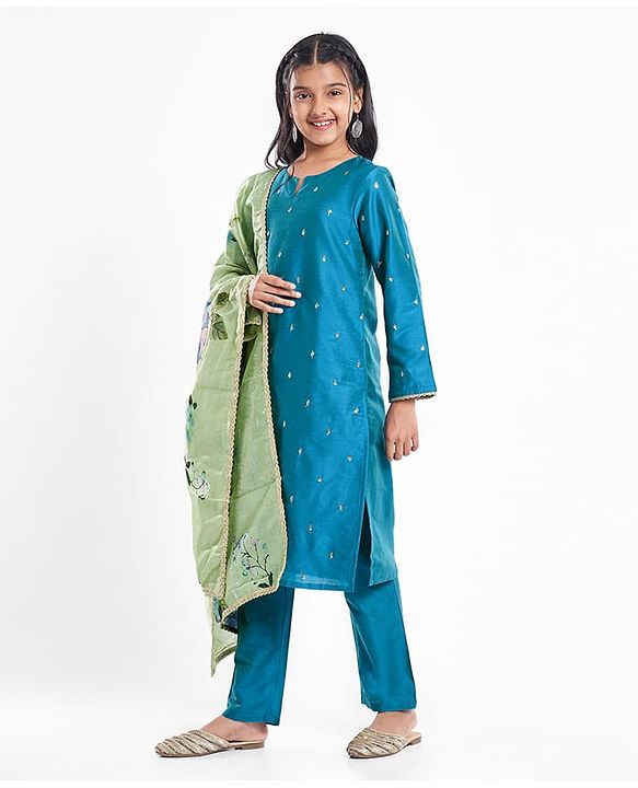 Pine Kids Woven Full Sleeves Kurti & Chudidar with Dupatta & Sequin Detailing - Teal Blue