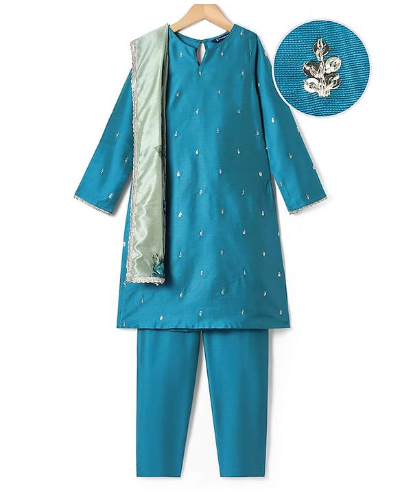 Pine Kids Woven Full Sleeves Kurti & Chudidar with Dupatta & Sequin Detailing - Teal Blue