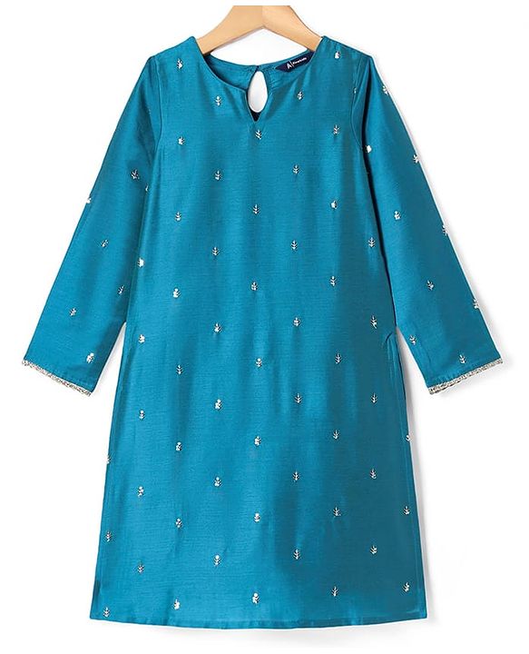 Pine Kids Woven Full Sleeves Kurti & Chudidar with Dupatta & Sequin Detailing - Teal Blue