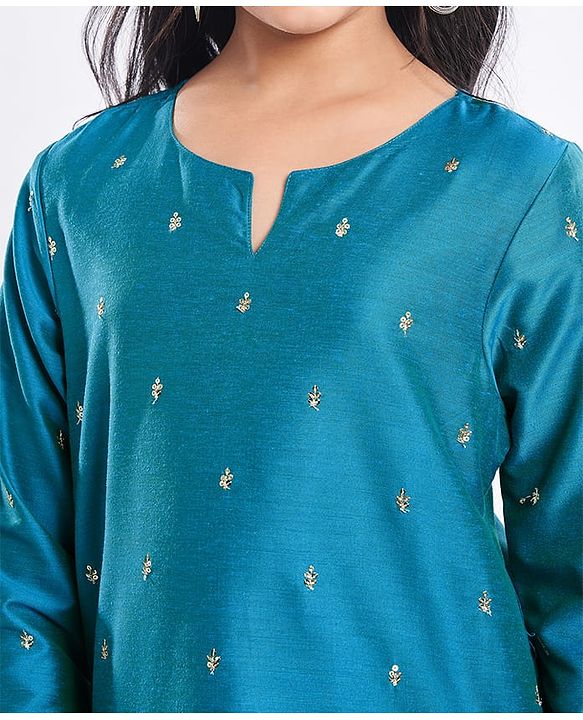 Pine Kids Woven Full Sleeves Kurti & Chudidar with Dupatta & Sequin Detailing - Teal Blue