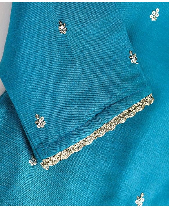 Pine Kids Woven Full Sleeves Kurti & Chudidar with Dupatta & Sequin Detailing - Teal Blue