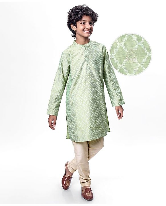 Pine Kids Woven Full Sleeves Foil Printed Kurta Pyjama Set - Mint