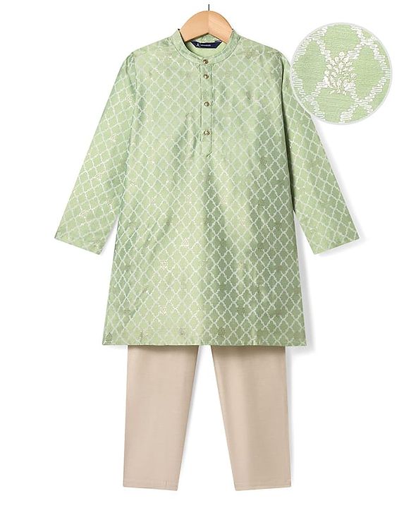 Pine Kids Woven Full Sleeves Foil Printed Kurta Pyjama Set - Mint