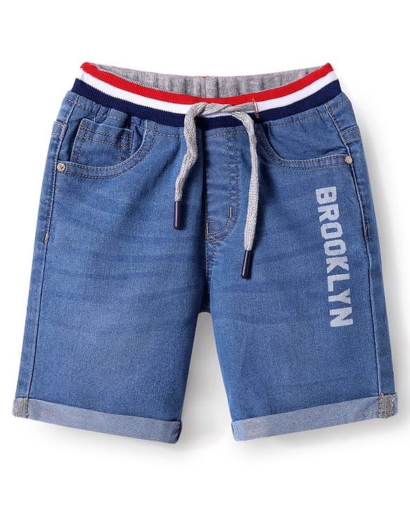 Babyhug Denim Above Knee Length Washed Bermuda With Stretch & Brooklyn Text Print - Blue