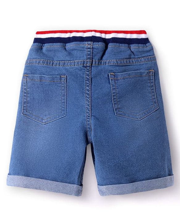 Babyhug Denim Above Knee Length Washed Bermuda With Stretch & Brooklyn Text Print - Blue