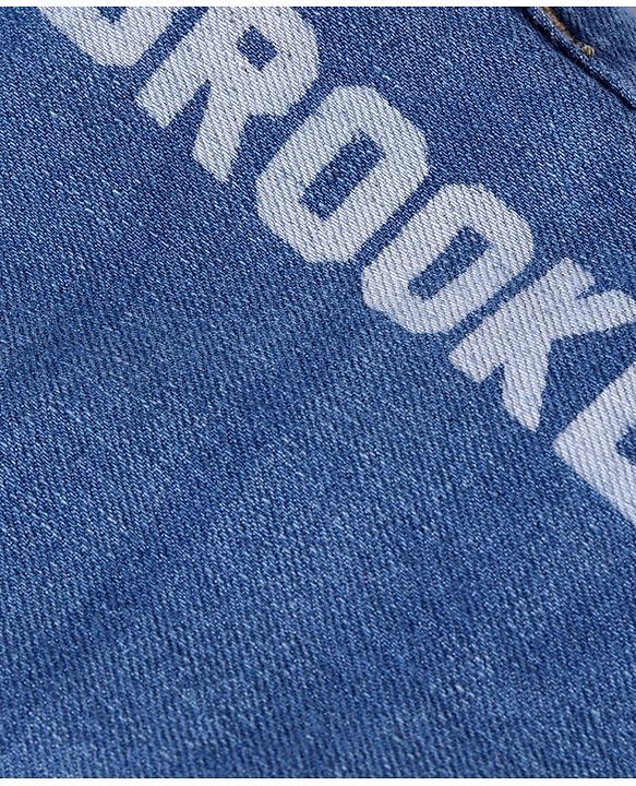 Babyhug Denim Above Knee Length Washed Bermuda With Stretch & Brooklyn Text Print - Blue