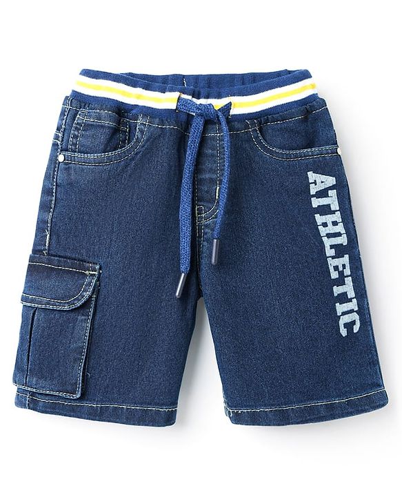 Babyhug Above Knee Length Denim Washed Stretchable Bermuda With Text Print - Navy Blue