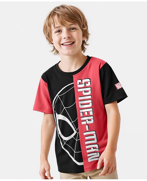 Pine Kids Marvel Single Jersey Knit Half Sleeves Cut & Sew T-Shirt With Spider-Man Graphic - Red & Black