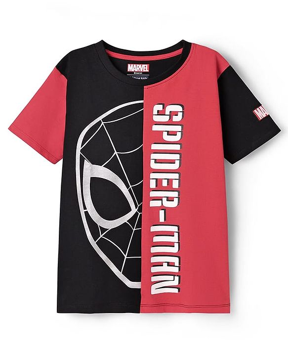 Pine Kids Marvel Single Jersey Knit Half Sleeves Cut & Sew T-Shirt With Spider-Man Graphic - Red & Black