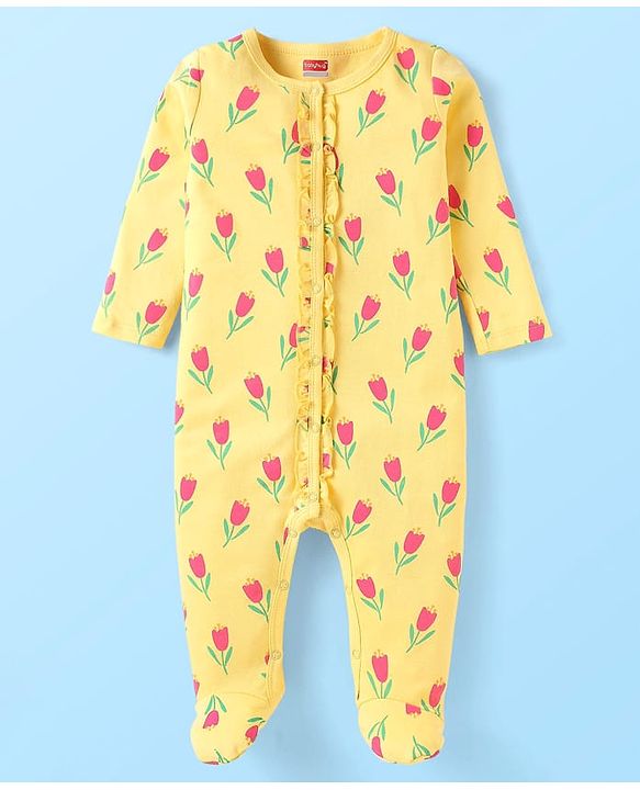 Babyhug Cotton Knit Full Sleeves Footed Sleep Suit With Floral Print - Yellow