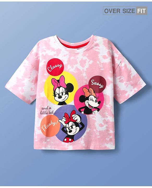 Pine Kids Disney Terry Knit Half Sleeves Oversize And Drop Shoulder T-Shirt With Minnie Mouse Graphics And Tie & Dye Detailing - Pink
