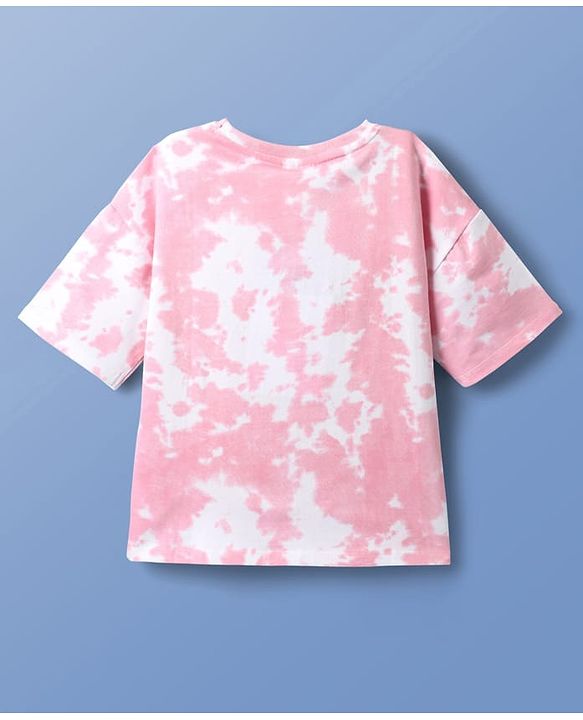 Pine Kids Disney Terry Knit Half Sleeves Oversize And Drop Shoulder T-Shirt With Minnie Mouse Graphics And Tie & Dye Detailing - Pink