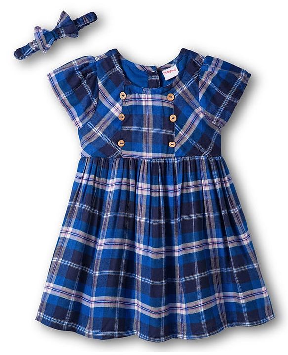 Babyhug Cotton Woven Half Sleeves Frock with Headband & Checks - Navy Blue