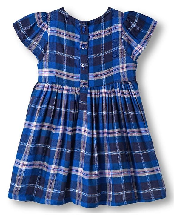Babyhug Cotton Woven Half Sleeves Frock with Headband & Checks - Navy Blue