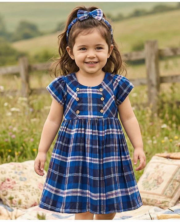 Babyhug Cotton Woven Half Sleeves Frock with Headband & Checks - Navy Blue