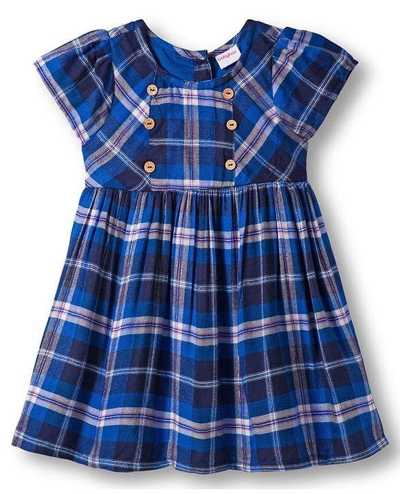 Babyhug Cotton Woven Half Sleeves Frock with Headband & Checks - Navy Blue