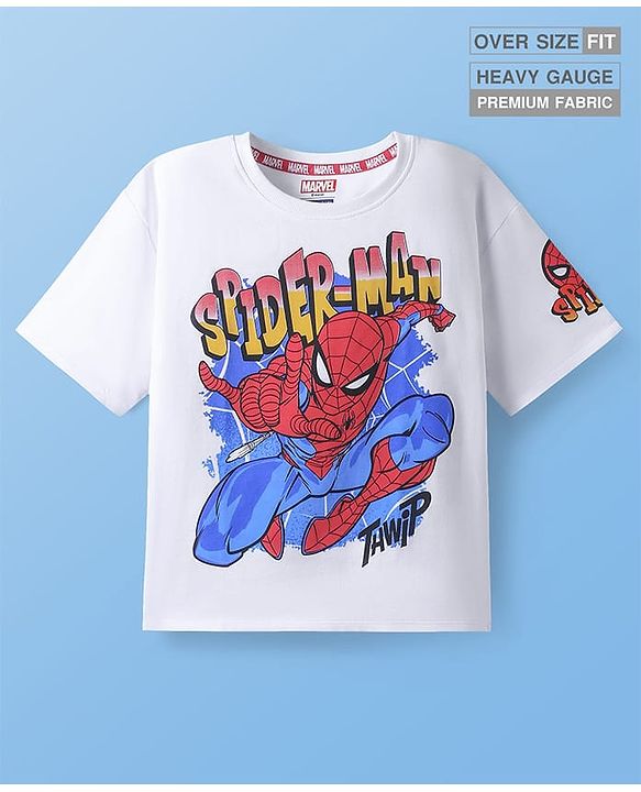 Pine Kids Marvel Terry Knit Half Drop Shoulder Sleeves Oversized Fit T-Shirt with Spiderman Graphics - White