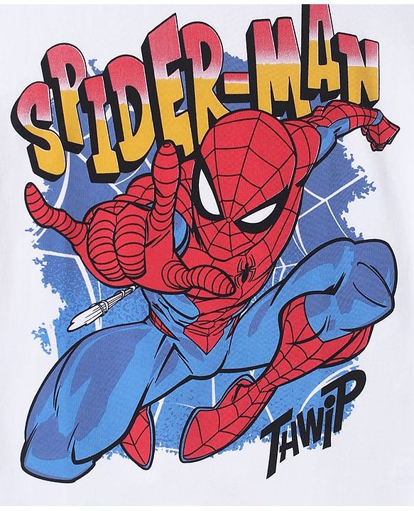 Pine Kids Marvel Terry Knit Half Drop Shoulder Sleeves Oversized Fit T-Shirt with Spiderman Graphics - White