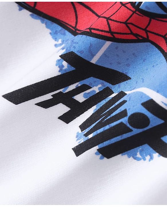 Pine Kids Marvel Terry Knit Half Drop Shoulder Sleeves Oversized Fit T-Shirt with Spiderman Graphics - White