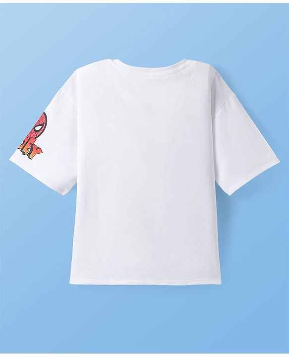 Pine Kids Marvel Terry Knit Half Drop Shoulder Sleeves Oversized Fit T-Shirt with Spiderman Graphics - White