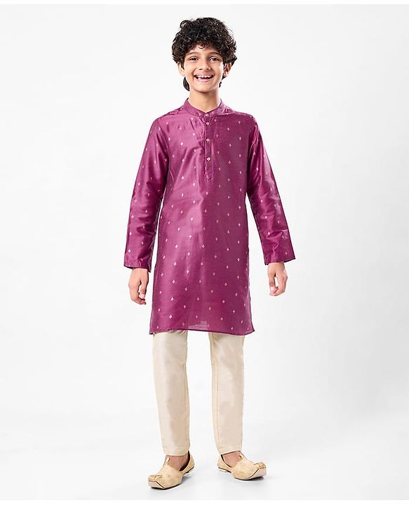 Pine Kids Woven Full Sleeves Kurta Pyjama Set with Floral Foil Print - Purple